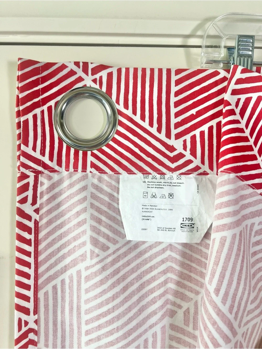 IKEA PRARIEOXALIS Red and White Geometric Grommet Top Curtain Panel Set of Two